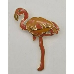Pink Flamingo Enamel Brooch Gold Tone Tropical Bird Pin Vintage Accessory